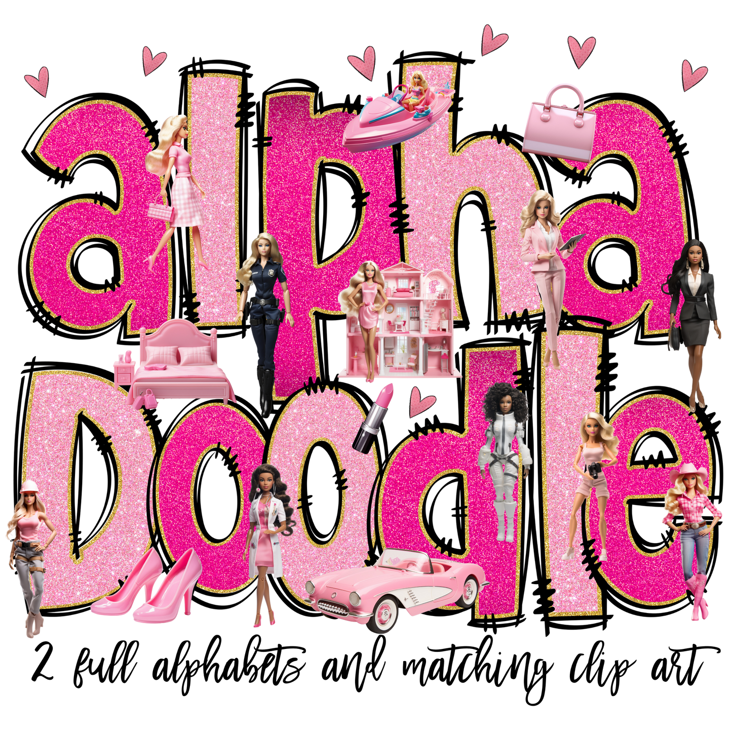 Barbie Alphabet Doodle Letters with Matching Clip Art.