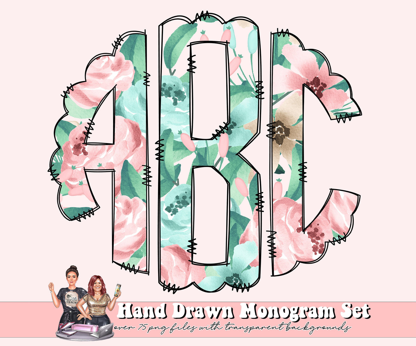 Floral Monogram Full Alphabet Individually Saved Monogram Letters, Circle Monogram Scalloped Round Left Middle & Right, Doodle Letters PNG
