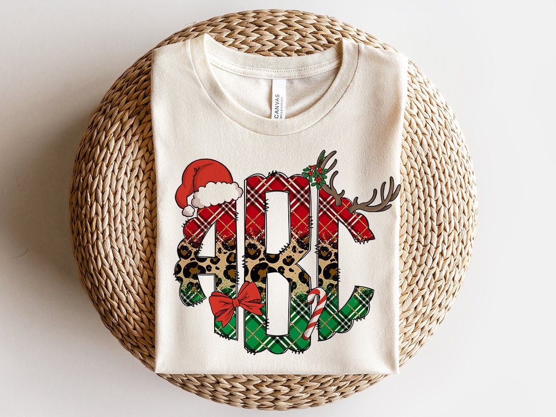 Christmas Monogram Letters, Holidays Sublimation PNG Elements Hand Drawn Doodle Letters Reindeer Santa Clause Sublimation Font PNG