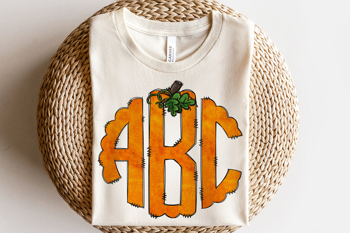 Pumpkin Monogram Letters, Autumn Leaves Sublimation PNG Elements Hand Drawn Doodle Alpha Bundle, Fall Boho Pumpkin Sublimation Font PNG