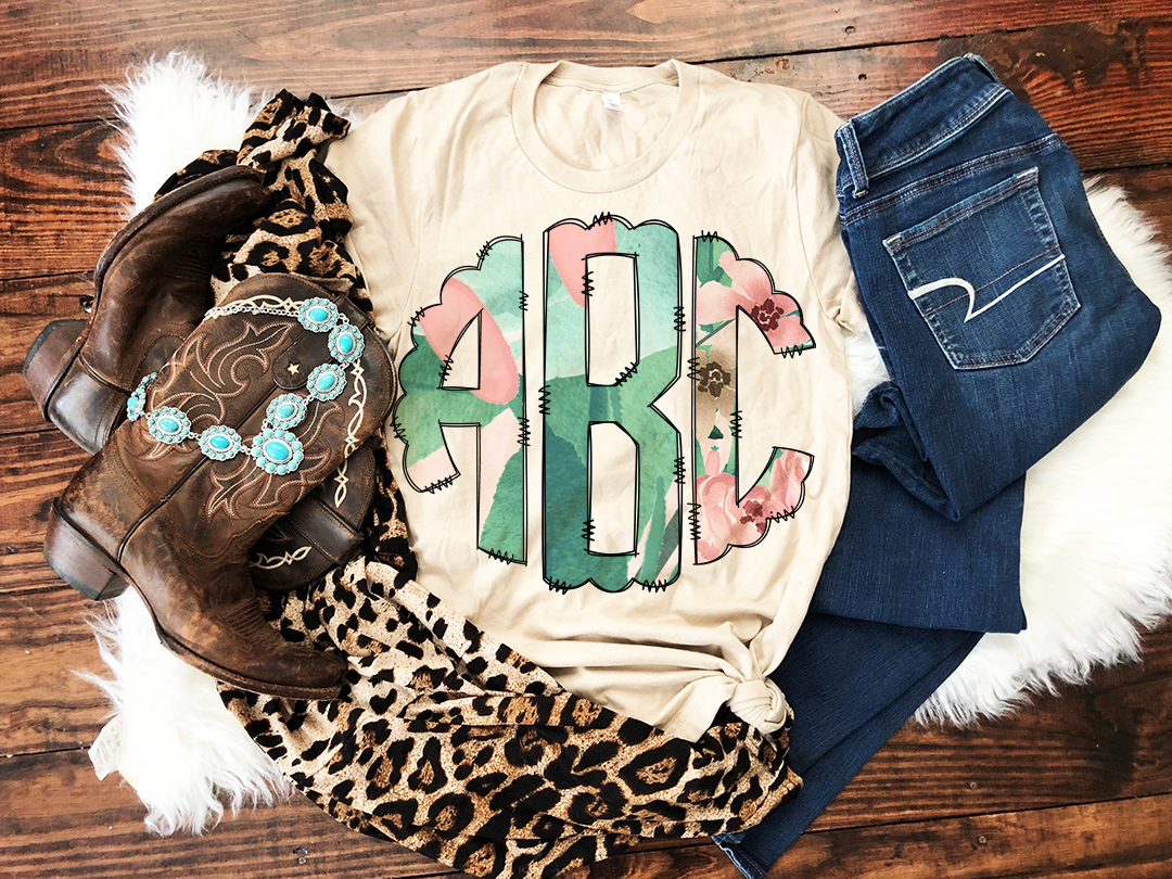 Floral Monogram Full Alphabet Individually Saved Monogram Letters, Circle Monogram Scalloped Round Left Middle & Right, Doodle Letters PNG