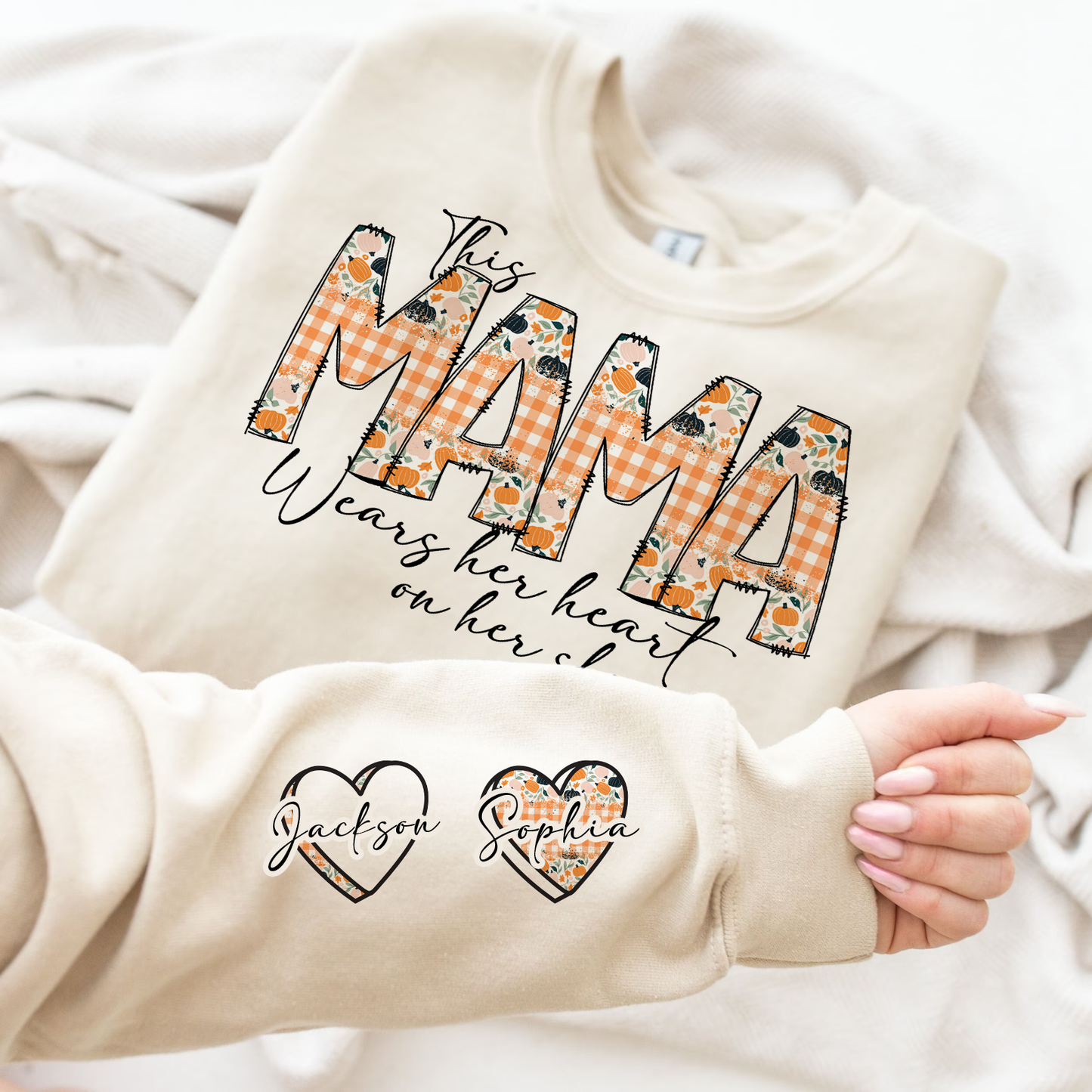 This Mama Wears Her Heart On Her Sleeve PNG Digital Download, Add Your Own Names, Mothers Day Sublimation, Fall Boho Pumpkin Plaid Autumn