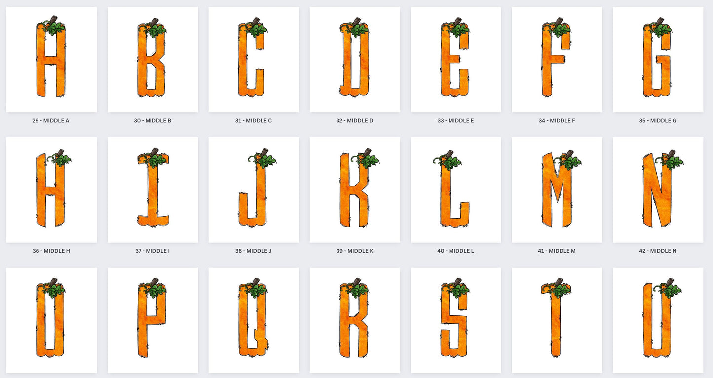 Pumpkin Monogram Letters, Autumn Leaves Sublimation PNG Elements Hand Drawn Doodle Alpha Bundle, Fall Boho Pumpkin Sublimation Font PNG