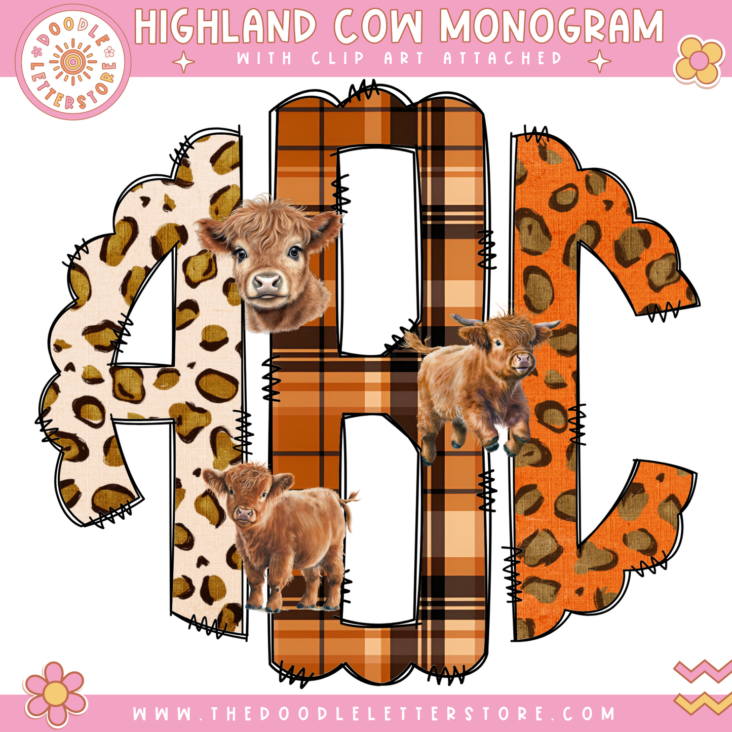 Highland Cow Fall Doodle Monogram Letters with Clip Art PNG, Clipart Sublimation 20oz Tumbler Design, Add Your Own Initials Customize