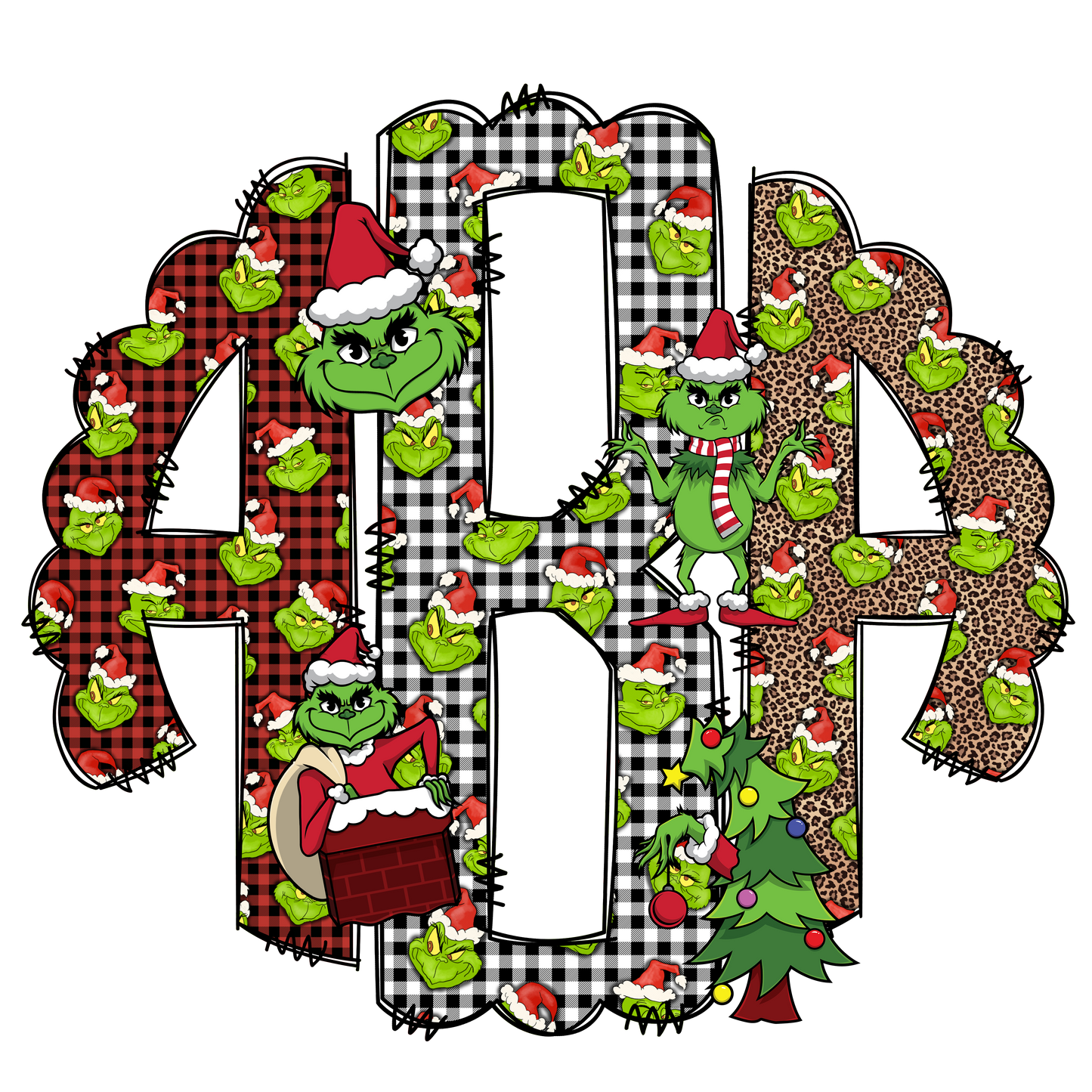 Green Elf Christmas Doodle Monogram Letters with Clip Art PNG, Grinch Halloween Clipart Sublimation 20oz Tumbler Design, Add Your Own Initials Customize