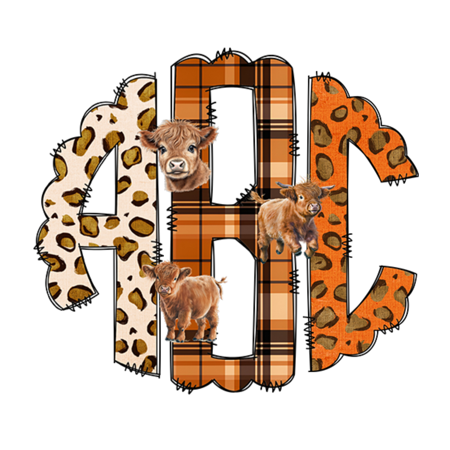 Highland Cow Fall Doodle Monogram Letters with Clip Art PNG, Clipart Sublimation 20oz Tumbler Design, Add Your Own Initials Customize