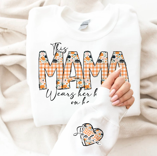 This Mama Wears Her Heart On Her Sleeve PNG Digital Download, Add Your Own Names, Mothers Day Sublimation, Fall Boho Pumpkin Plaid Autumn