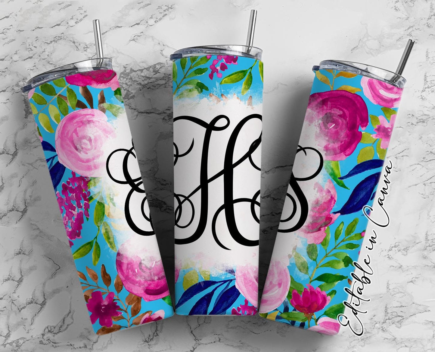 EDITABLE Floral Monogram 20oz Straight Tumbler Wrap Designs, Make Your Own Custom Peronalized Design, Pink Blue Flowers Easy Canva Tempalte