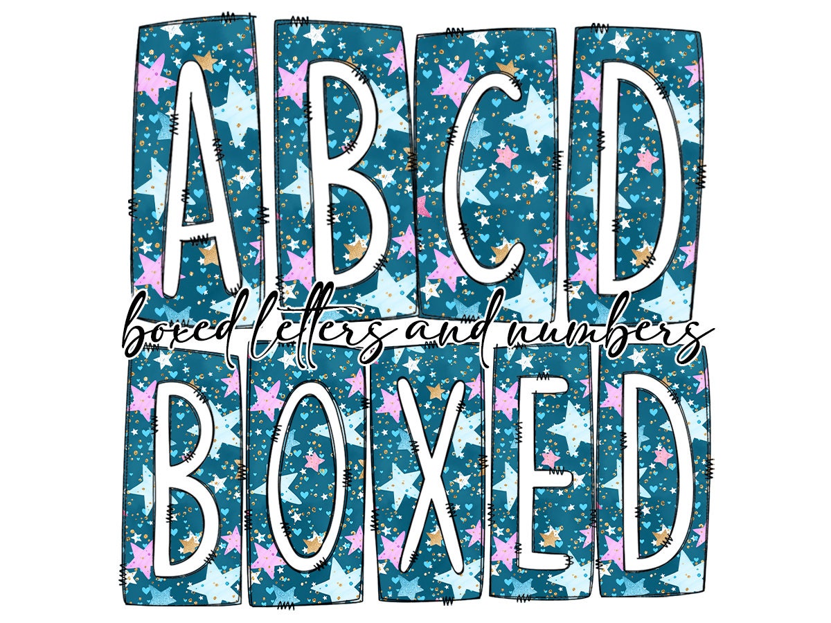 Blue Stars Box Doodle Letters, Western Hand Drawn Doodle Alphabet Set, Sublimation Designs PNG - 791