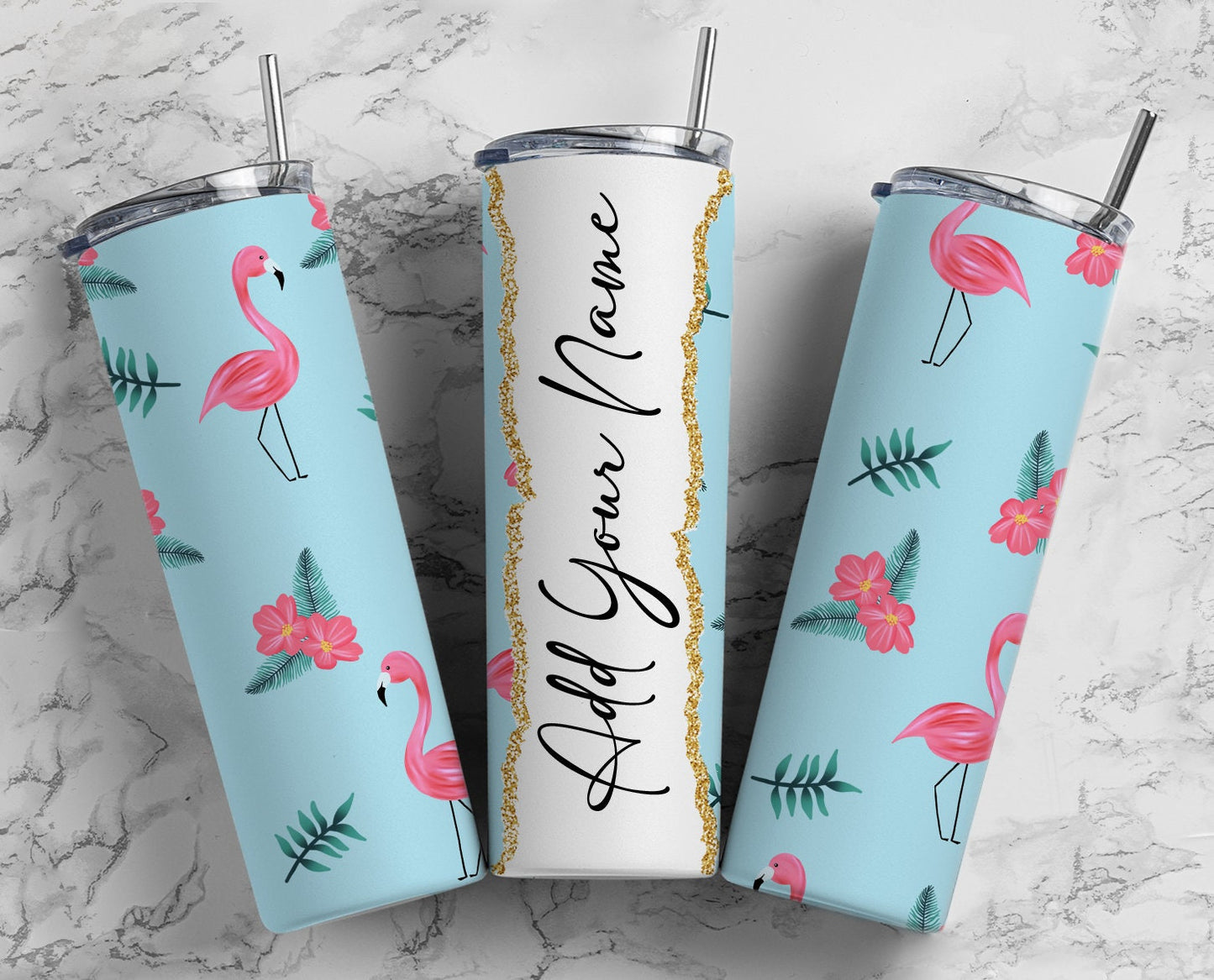 Flamingo Add Your Own Text Name Monogram Sublimation Tumbler Designs Floral - 20oz Skinny Tumbler Wraps Templates - PNG 77 PATTERN