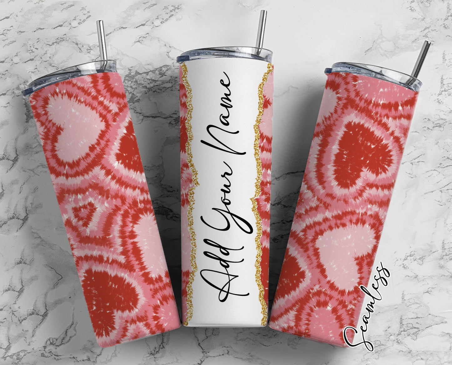 Tie Dye Hearts Valentine's Day Pattern Add Your Own Name, 20oz Sublimation Tumbler Designs, Skinny Tumbler Wraps Template - 105 PATTERN
