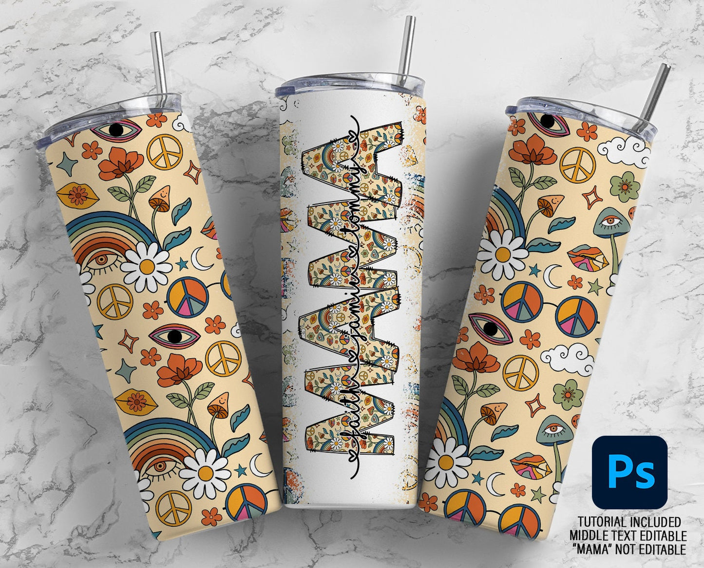 Retro Rainbow Flowers Editable Kids Names Mom Tumbler Wrap, Edit in Photoshop Tutorial Included, Mom Sublimation 20oz Tumbler Designs PNG