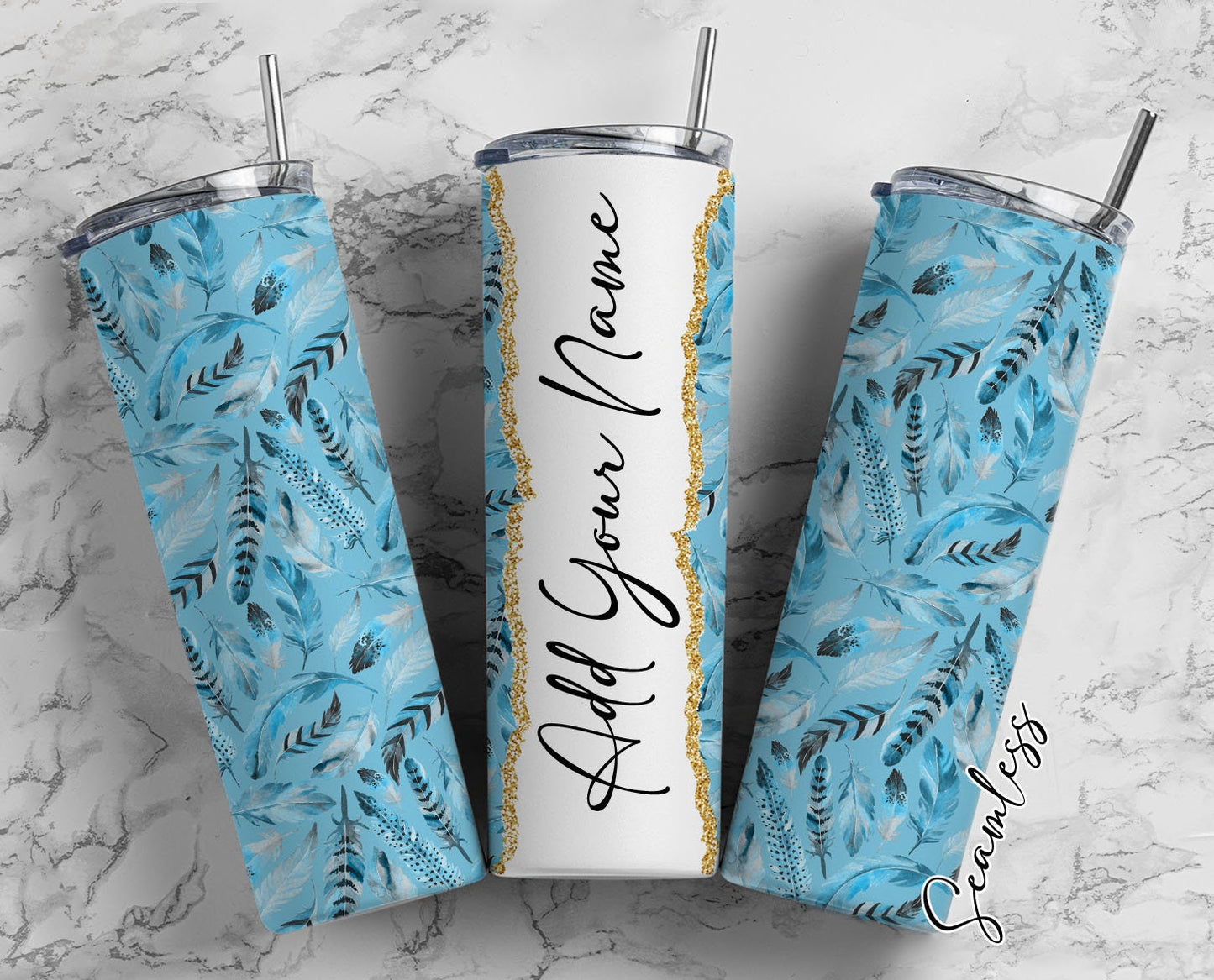 Blue Feather Design Add Your Own Name, 20oz Sublimation Tumbler Designs, Skinny Tumbler Wraps Template - 274