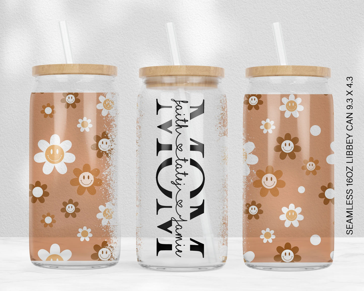 Retro Smile Flower 16oz Libbey Glass Can Tumbler Seamless, 16oz Glass Can Wrap, Sublimation Designs, Mothers Day, Can Template Designs PNG