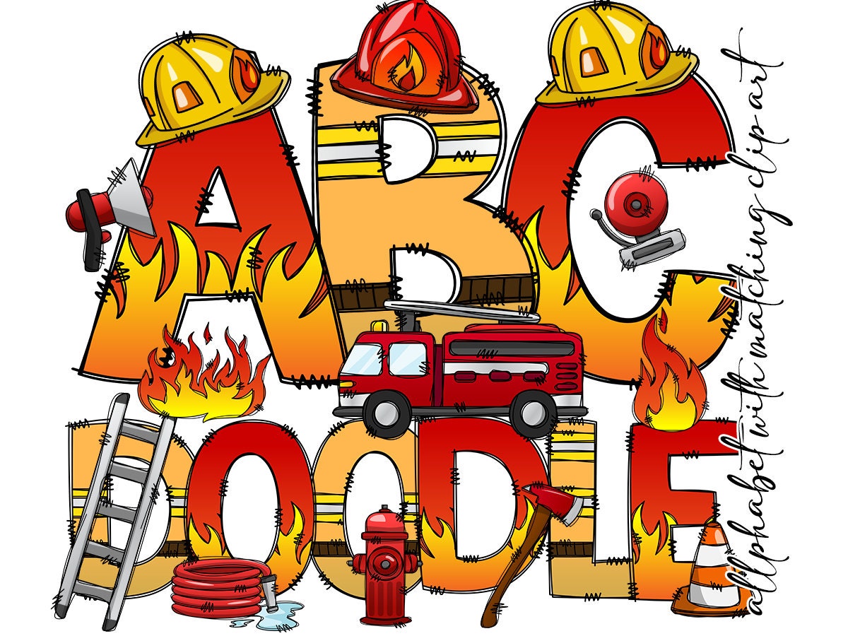Firefighter Clip Art + Doodle Letters and Numbers, Fire Man Uppercase Alphabet Set, Fire Department Sublimation Letters, Fire Truck PNG