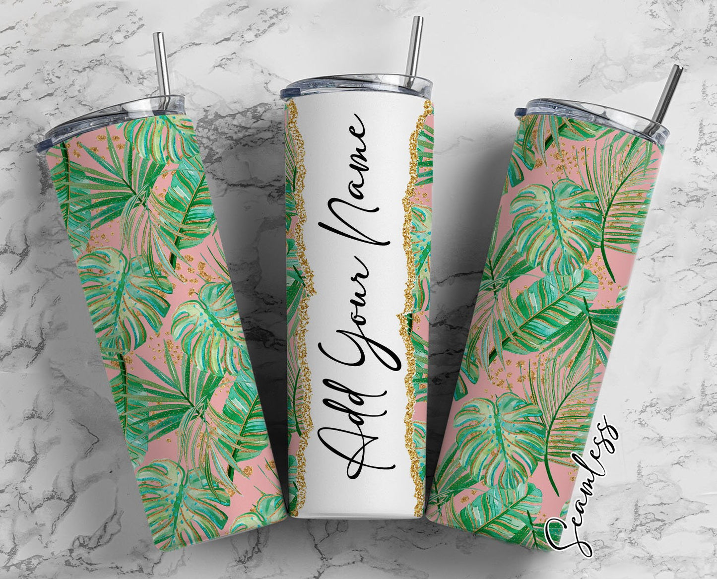 Tropical Monstera Leaves Add Your Own Name, 20oz Sublimation Tumbler Designs, Skinny Tumbler Wraps Template - 710