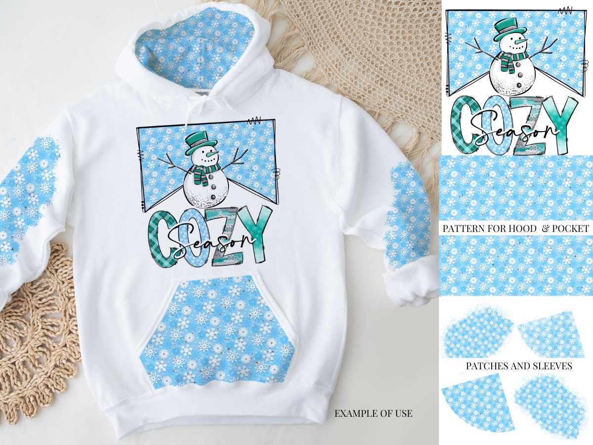 Cozy Season with matching Pattern and Patches, Christmas Holidays Sublimation, Snowman Snowflake Winter Design PNG - MOCKUP INCLUDED!