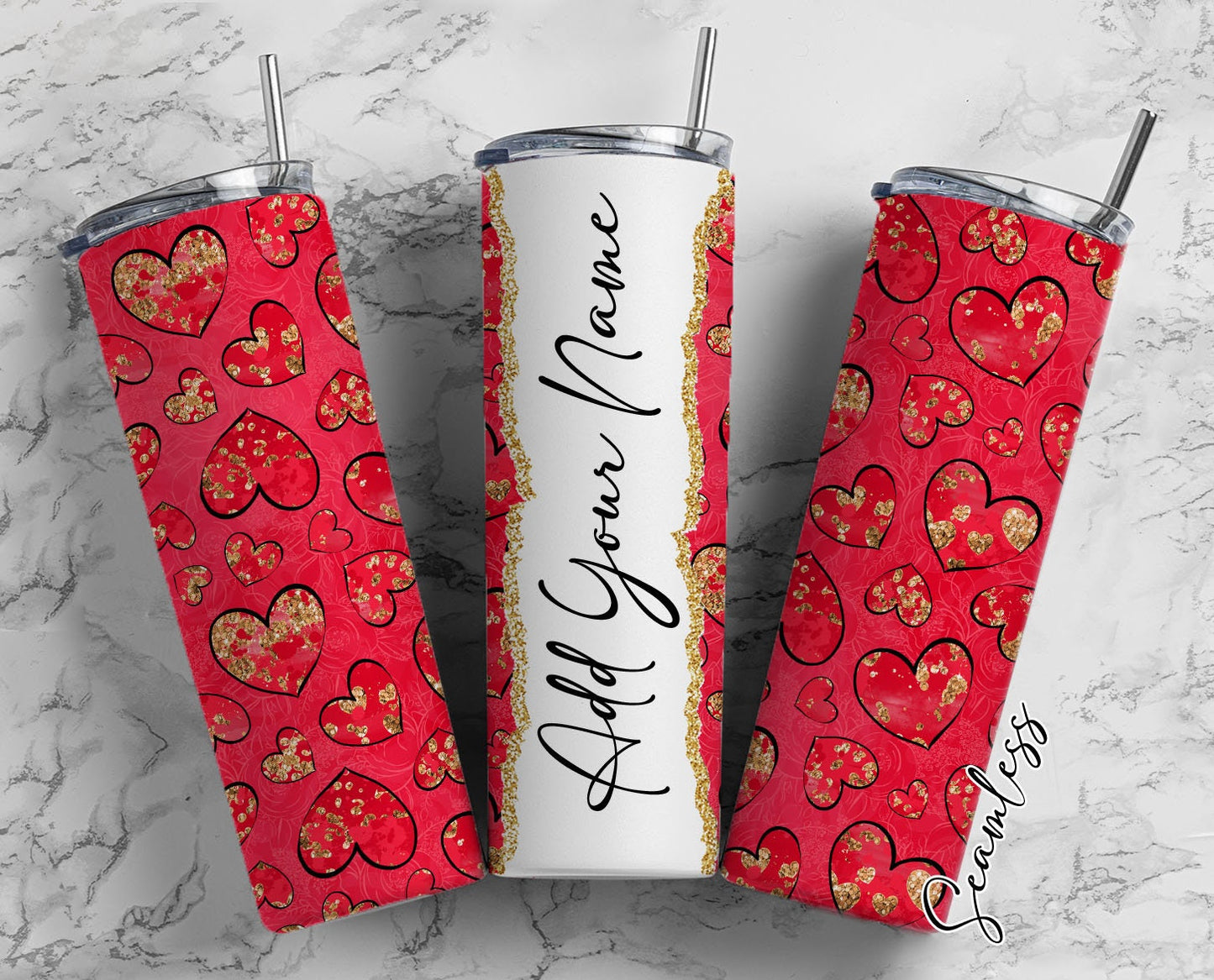 Hearts With Gold Dust, Red Hearts, Valentine's Day Add Your Own Name, 20oz Sublimation Tumbler Designs, Skinny Tumbler Wraps Template - 1735