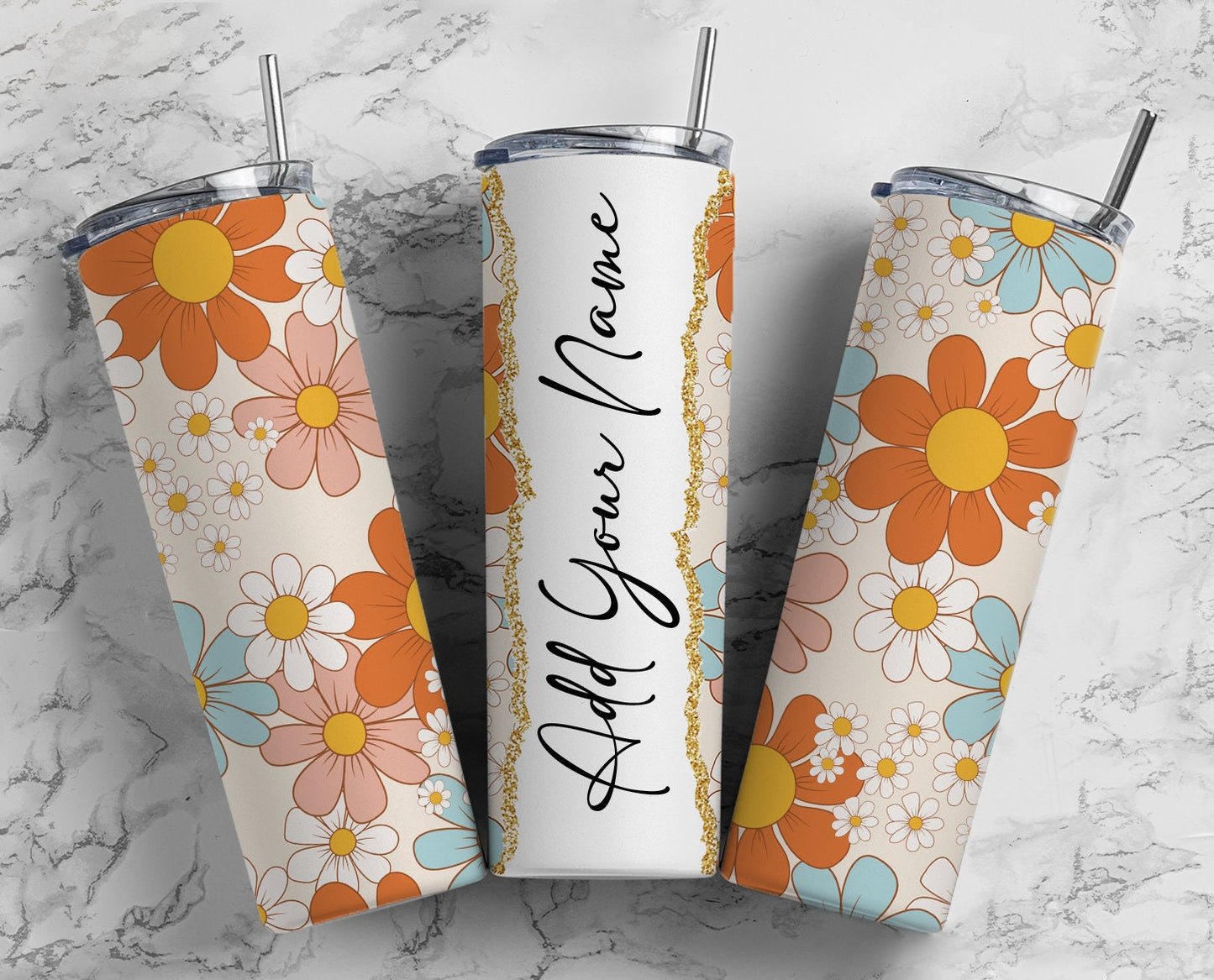 Retro Floral Add Your Own Text Name Monogram Sublimation Tumbler Designs Wrap - 20oz Skinny Tumbler Wraps Templates - PNG 59 PATTERN