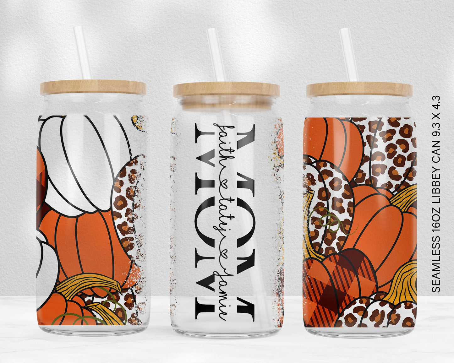 Pumpkin Fall 16oz Libbey Glass Can Tumbler Seamless, 16oz Glass Can Wrap, Sublimation Designs, Mothers Day, Can Template Designs PNG