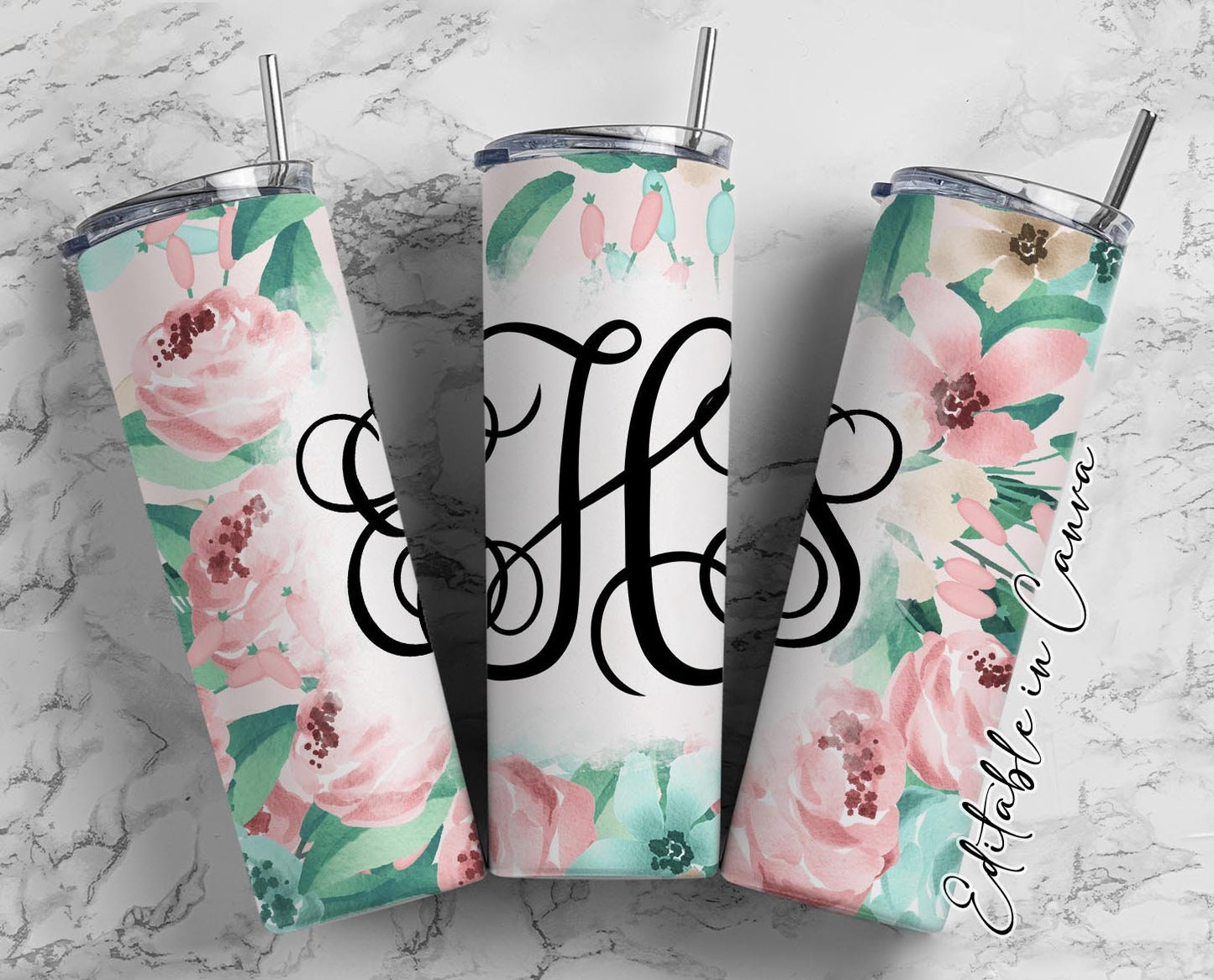 EDITABLE Pink Floral Monogram 20oz Straight Tumbler Wrap Designs, Make Your Own Custom Peronalized Design, Flowers Easy Canva Tempalte