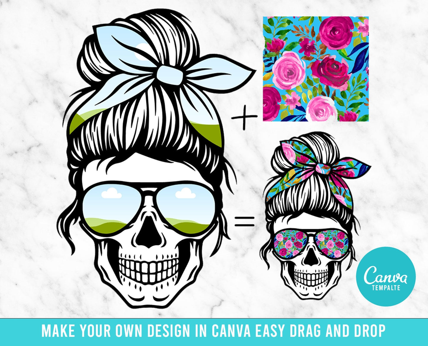 Mom Skull Add Your Own Photos & Background on CANVA Messy Bun Drag and Drop Photo Editable Canva Frame Designs - NOT A SVG