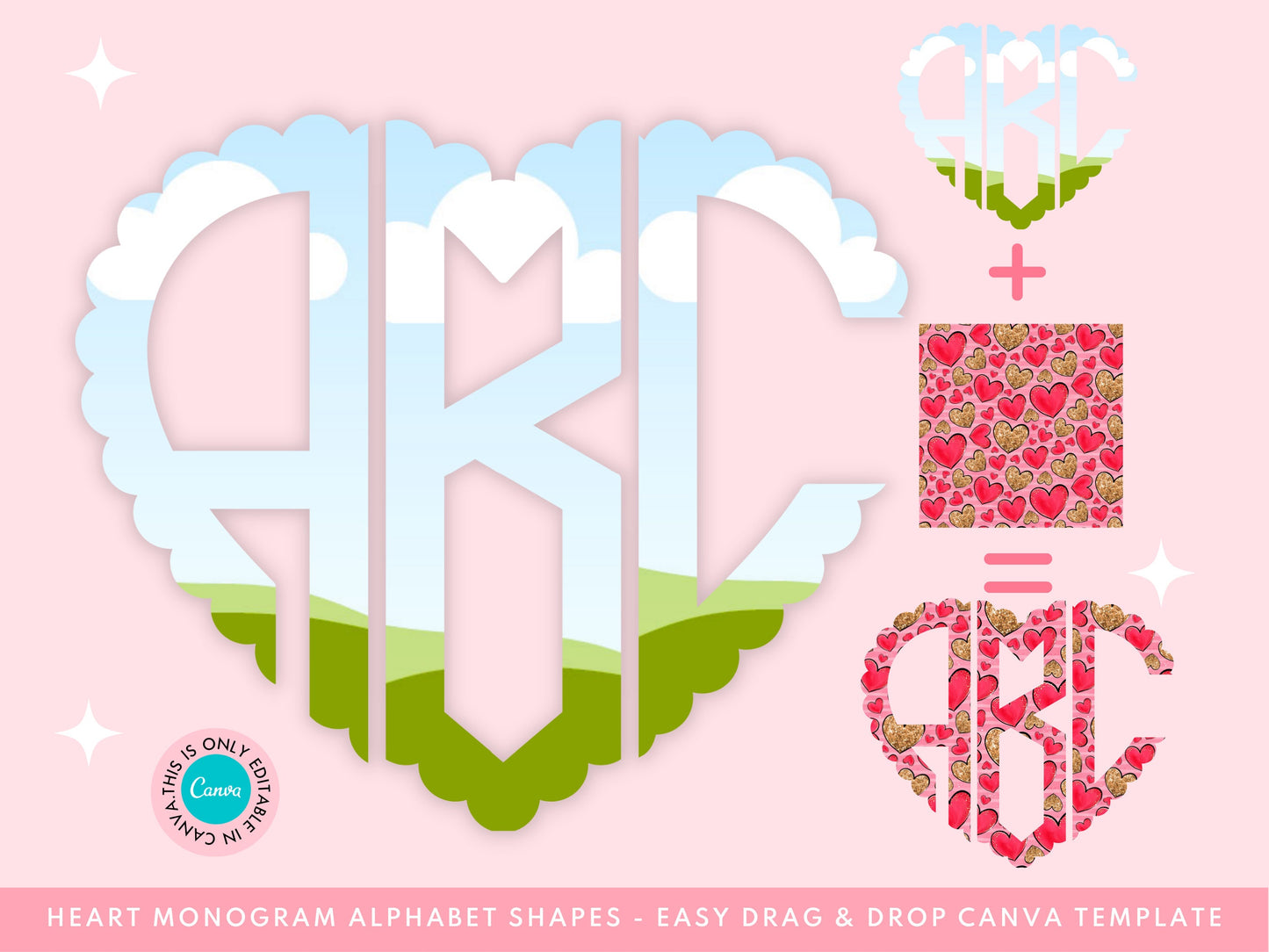 Fill your own Heart Monogram Letters on CANVA with Commercial Use Allowed Drag and Drop Valentines Day Alphabet Letters Editable Canva Frame