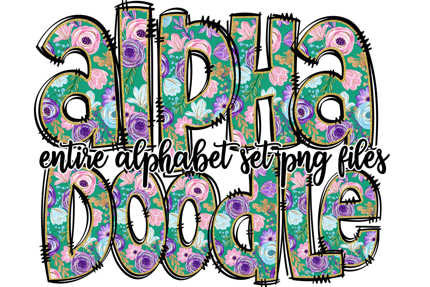 Floral Doodle Alphabet Letters PNG Bundle, Floral Design Hand Drawn Doodle, Flower Sublimation Alpha Set Designs PNG Digital