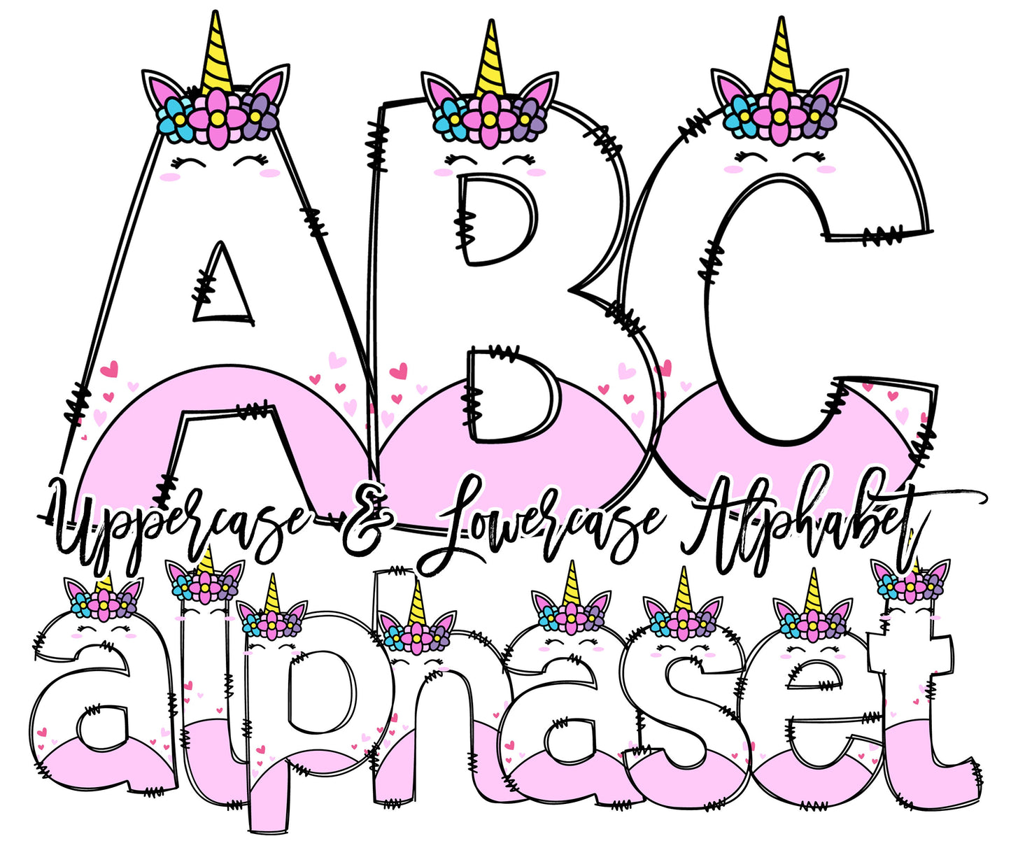 Unicorn Alphabet Letters PNG Bundle, Unicorn Doodle Letters, Hand Drawn Alphabet Doodle, Sublimation Girls Alpha Set Designs PNG