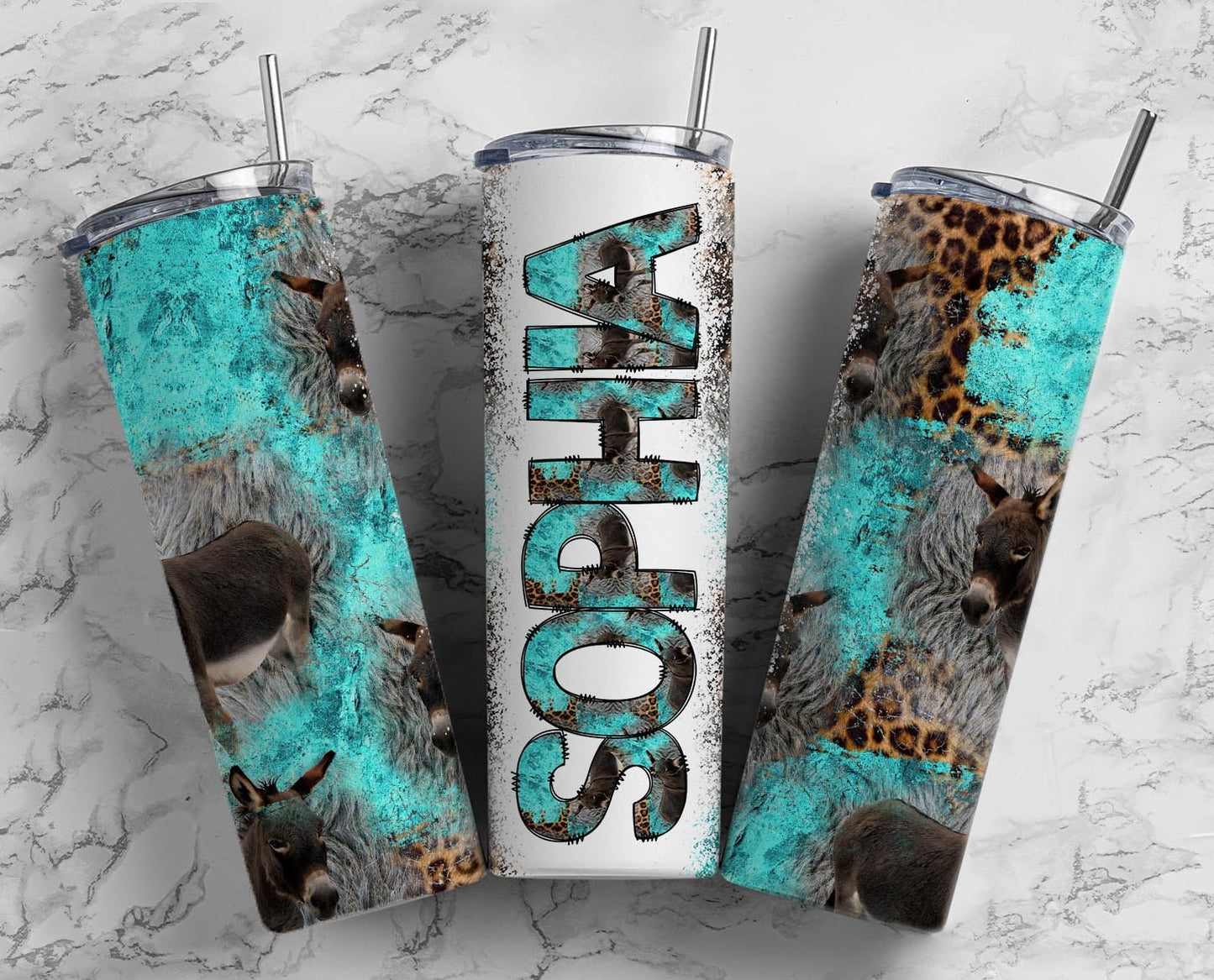 Tumbler + Doodle Letter Set, Add Your Own Name, Donkey Turquoise Tumbler Design Seamless Country Sublimation Designs, Straight 20oz PNG