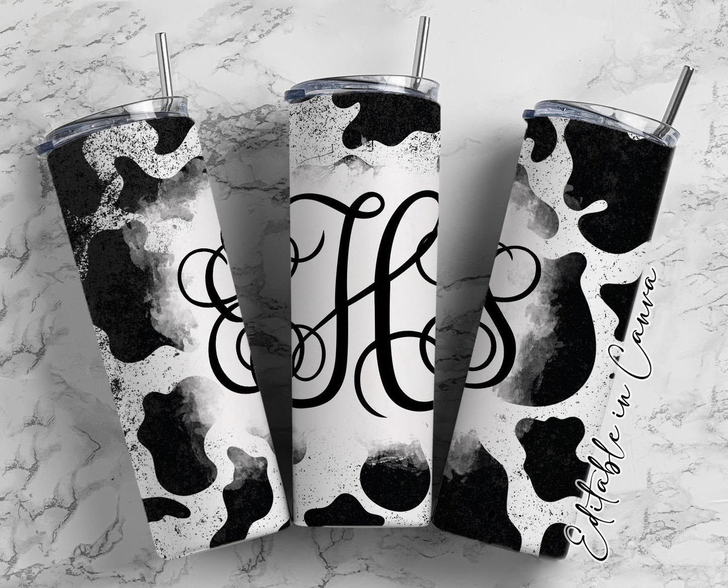 EDITABLE Cowhide Monogram 20oz Straight Tumbler Wrap Designs, Make Your Own Custom Peronalized Design, Cowprint Easy Canva Tempalte