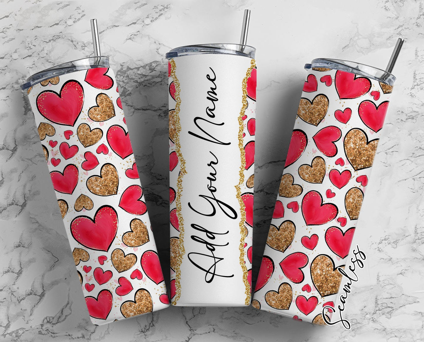 Hearts Seamless, Heart Pattern, Valentine's Day Add Your Own Name, 20oz Sublimation Tumbler Designs, Skinny Tumbler Wraps Template - 1827
