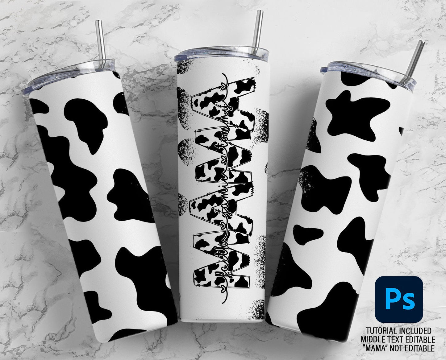 Cow Print Mama Cowhide Editable Kids Names Mom Tumbler Wrap, Edit in Photoshop Tutorial Included, Mom Sublimation 20oz Tumbler Designs PNG