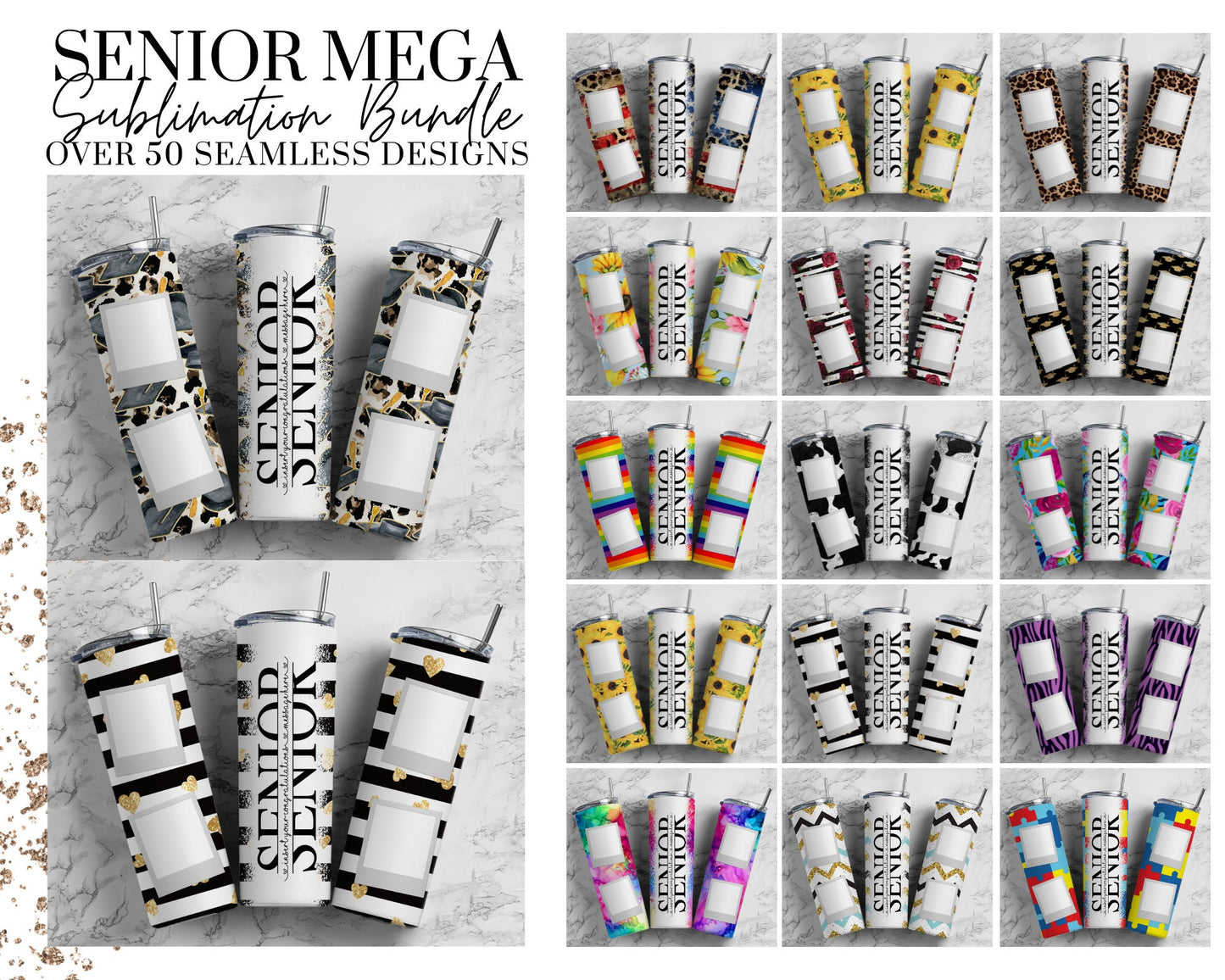50+ Senior Split Seamless Mega Bundle, 20oz Sublimation Graduation Tumbler Design Bundle, Graduate 2022, Add Your Own Name PNG