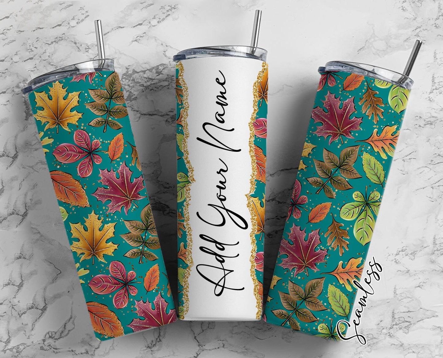 Autumn Leaves Add Your Own Name, 20oz Sublimation Tumbler Designs, Skinny Tumbler Wraps Template - 1390