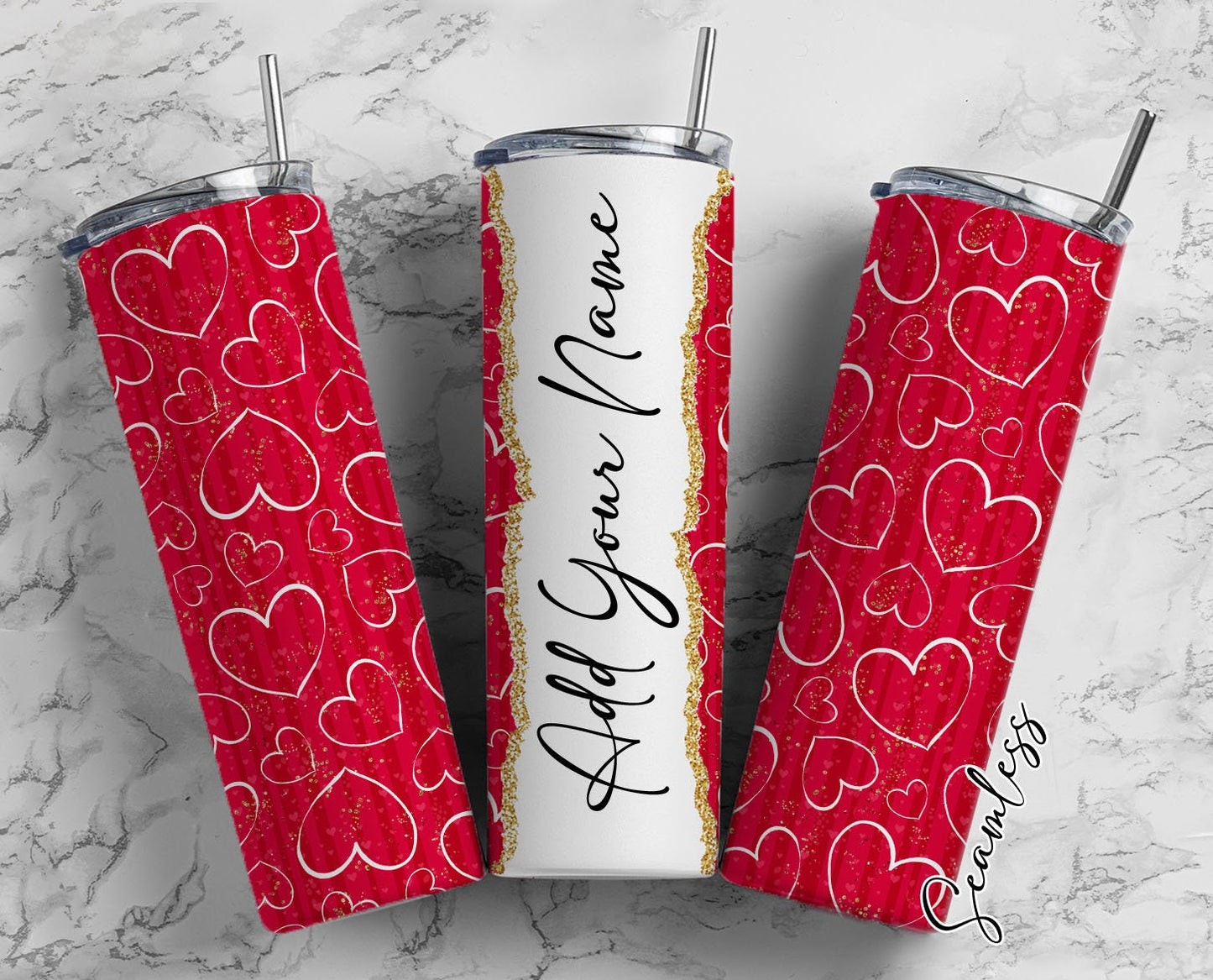 Red Hearts Valentine's Day Add Your Own Name, 20oz Sublimation Tumbler Designs, Skinny Tumbler Wraps Template - 1727