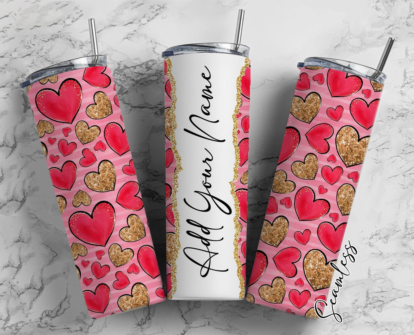 Red Hearts, Gold Hearts, Valentine's Day, Hearts Add Your Own Name, 20oz Sublimation Tumbler Designs, Skinny Tumbler Wraps Template - 1837