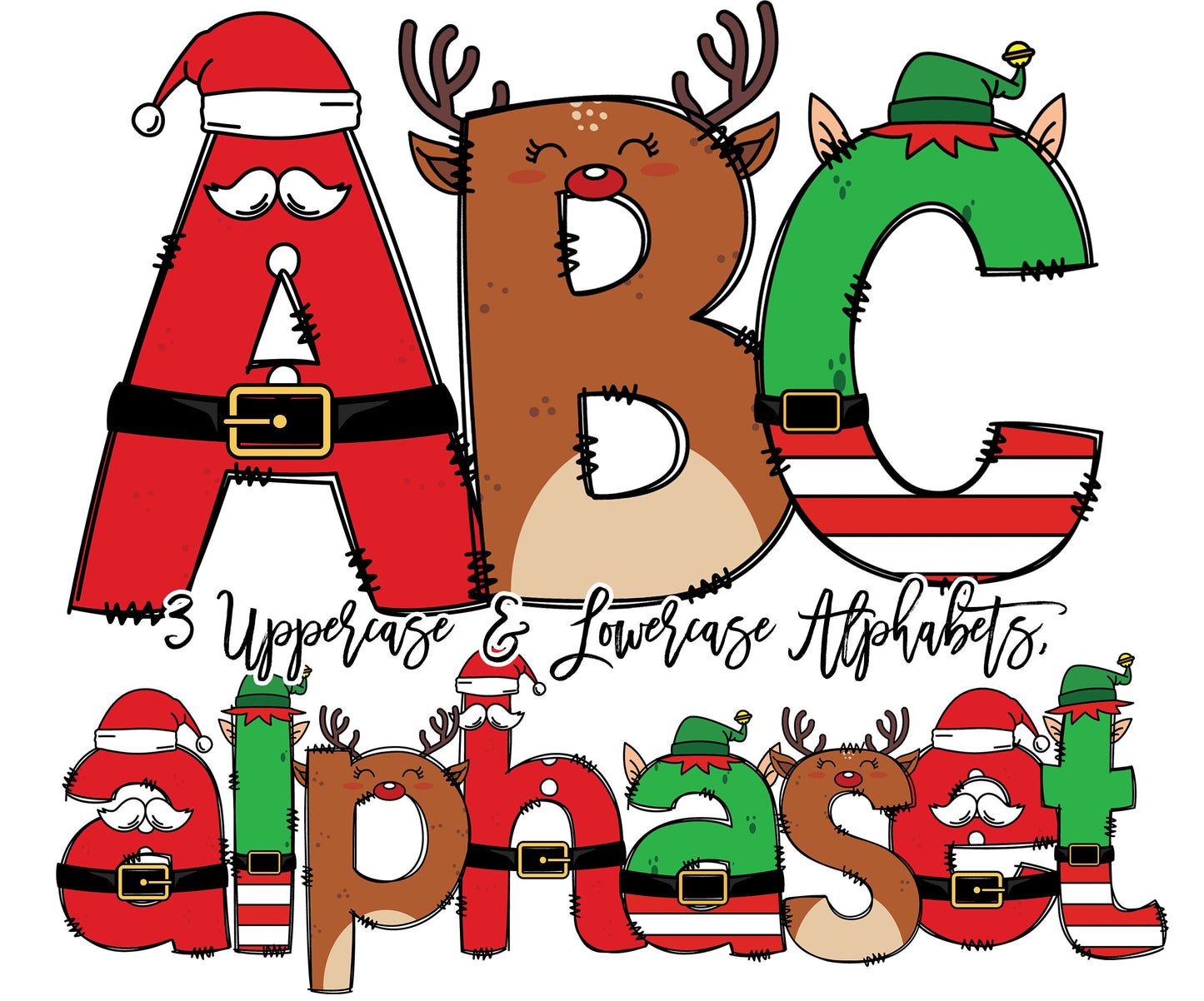 Christmas Doodle letters, Santa Sublimation Font, Xmas Doodle Alpha Bundle, Reindeer Elf Santa Clause Numbers & Alphabet Doodle Set PNG