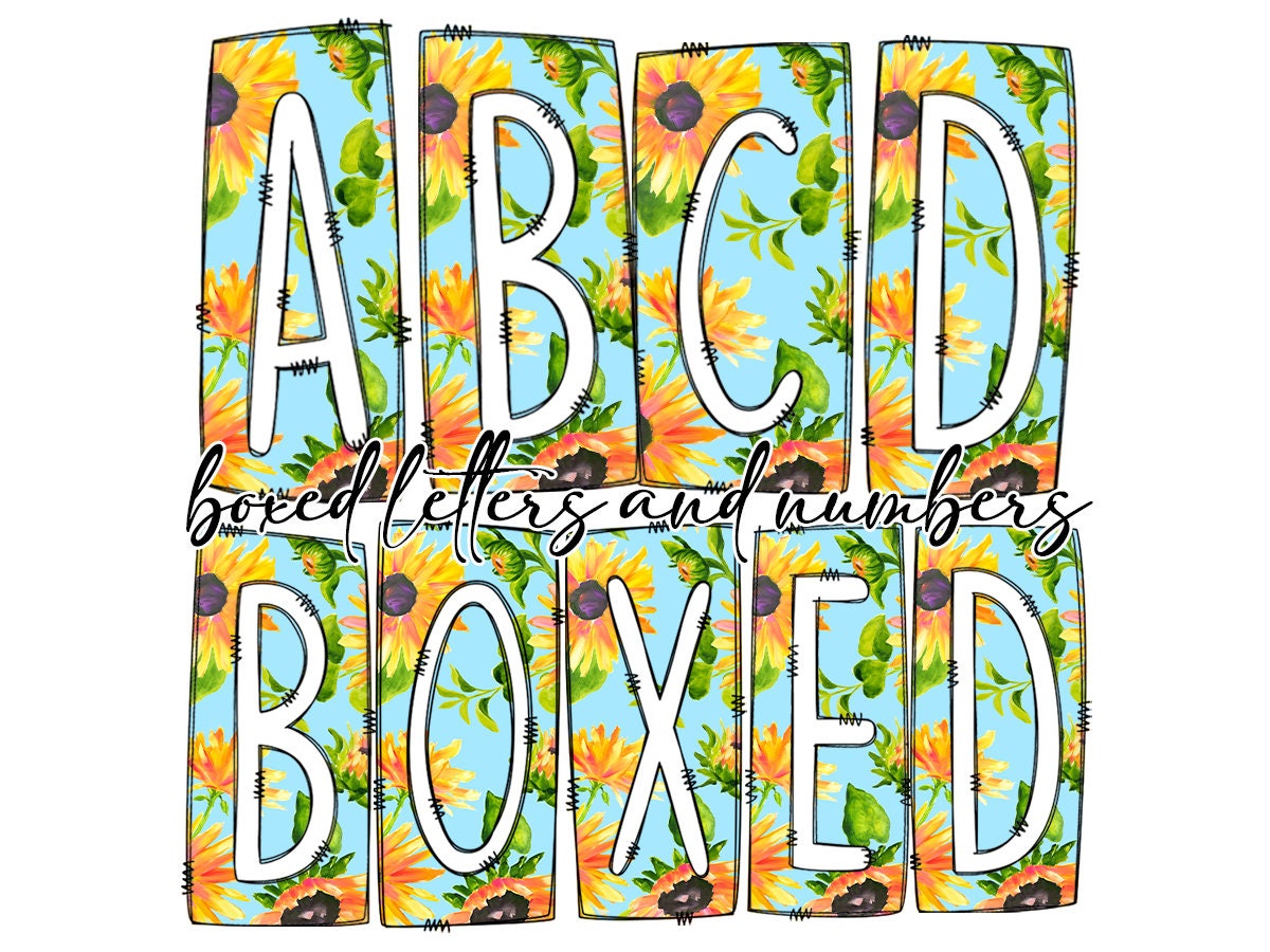 Blue Sunflowers Box Doodle Letters, Western Hand Drawn Doodle Alphabet Set, Sublimation Designs PNG - 1844