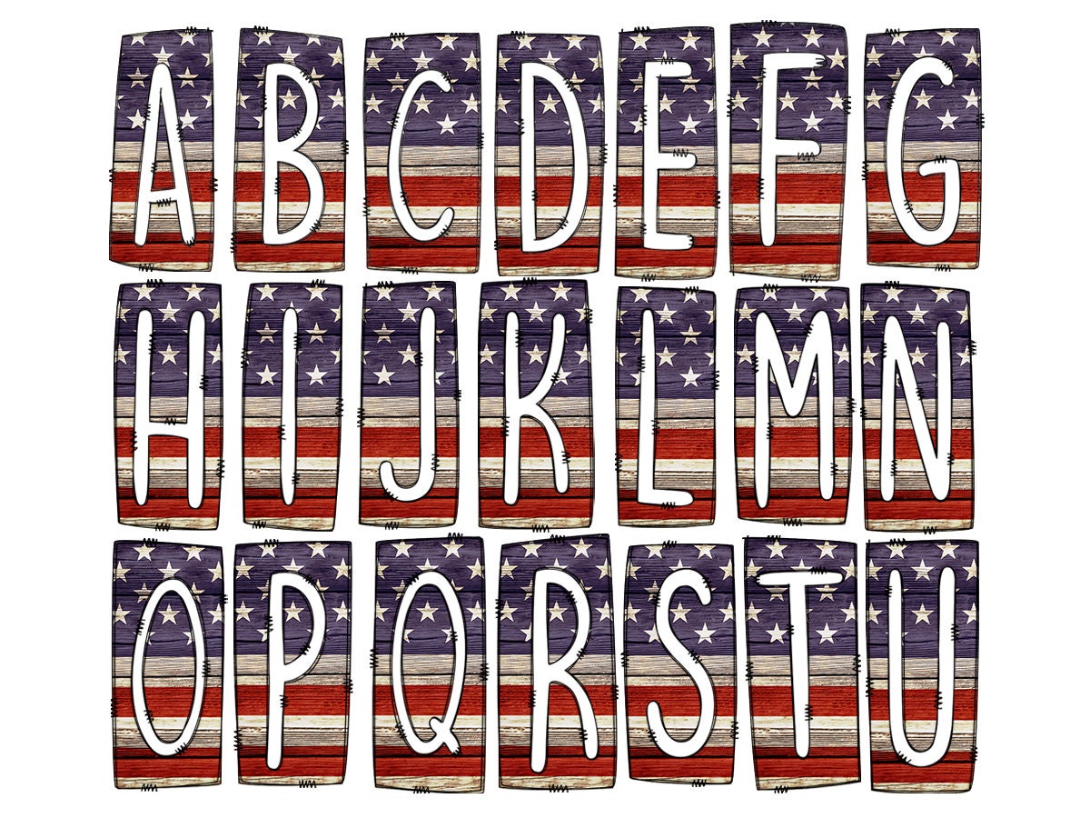 American Flag Patriotic Box Doodle Letters, Western Hand Drawn Doodle Alphabet Set, Sublimation Designs PNG - 95 PATTERN