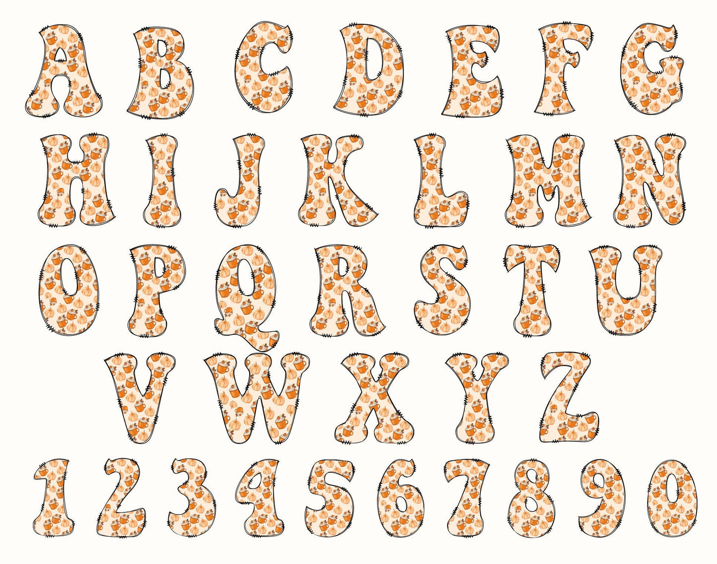 Pumpkin SPICE LATTE Doodle letters, Hand Drawn Doodle Alpha Bundle, Sublimation Font PNG, Fall Pumpkins Patterned Numbers & Alphabet