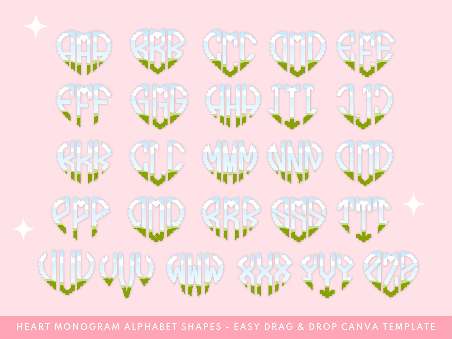 Fill your own Heart Monogram Letters on CANVA with Commercial Use Allowed Drag and Drop Valentines Day Alphabet Letters Editable Canva Frame