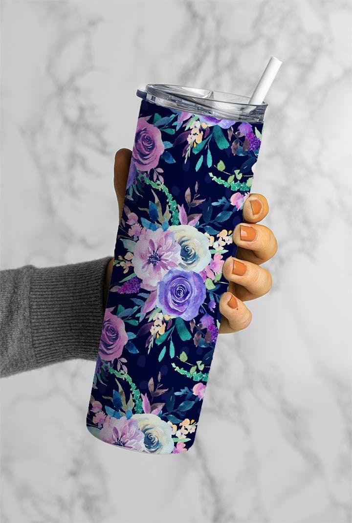 Flowers On Black Background, Purple Flowers, Floral Design 20oz Tumbler Wrap, Seamless Skinny Tumbler, Sublimation Design PNG - 2046