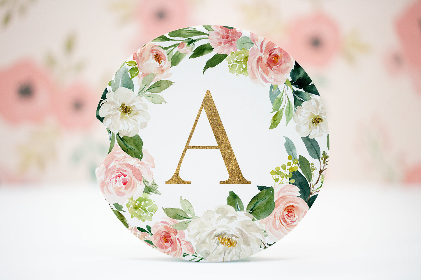 A-Z PINK Floral Car Coaster Bundle, Watercolor Flower Cup Holder, Car Freshener Round Sublimation Designs, Initials Letters Template PNG