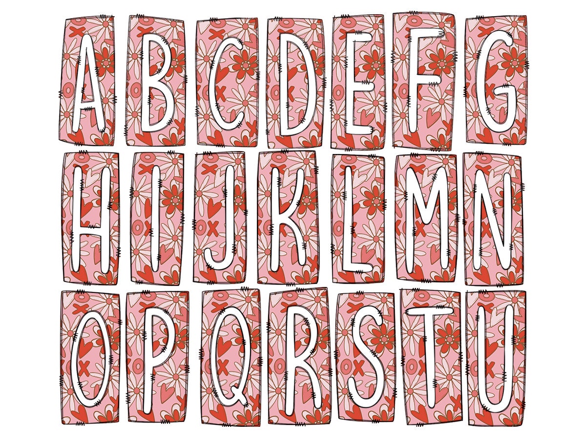 Retro Pink Red Box Doodle Letters, Western Hand Drawn Doodle Alphabet Set, Sublimation Designs PNG - 106 PATTERN