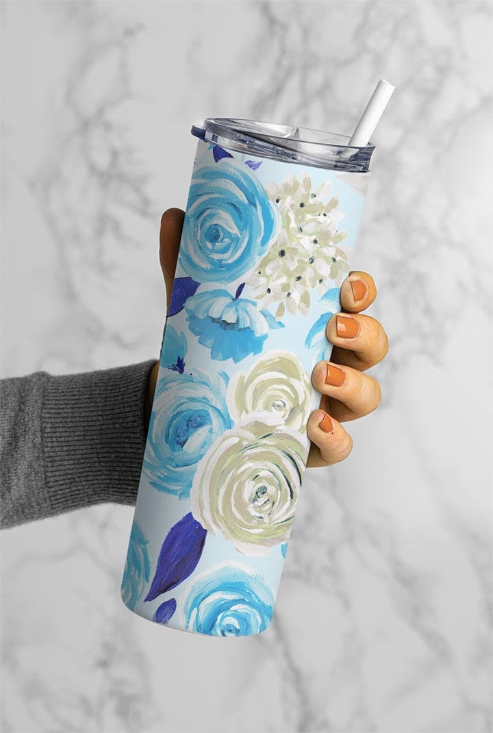 Blue And White Roses, Floral Background, Flower Pattern 20oz Tumbler Wrap, Seamless Skinny Tumbler, Sublimation Design PNG - 1753