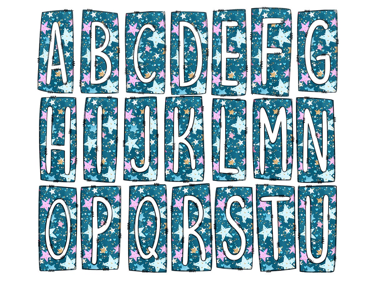 Blue Stars Box Doodle Letters, Western Hand Drawn Doodle Alphabet Set, Sublimation Designs PNG - 791