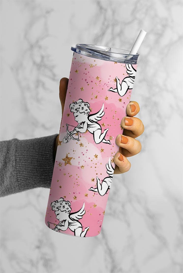 Valentine's Day Pattern, Valentine's Cupid Pink Background 20oz Tumbler Wrap, Seamless Skinny Tumbler, Sublimation Design PNG - 1736