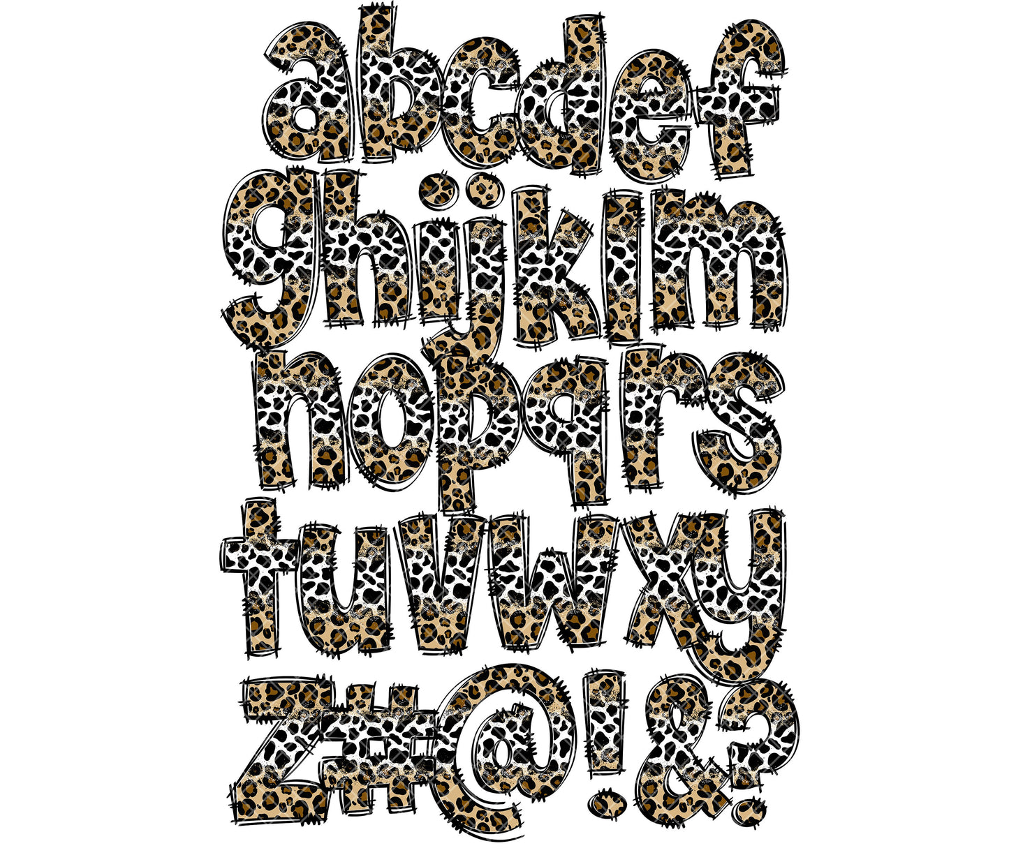 Leopard Cow Hide Doodle Letters, Cheetah Cow Print Doodle letters, Alpha Bundle, Western Sublimation Font PNG, Country Numbers & Alphabet
