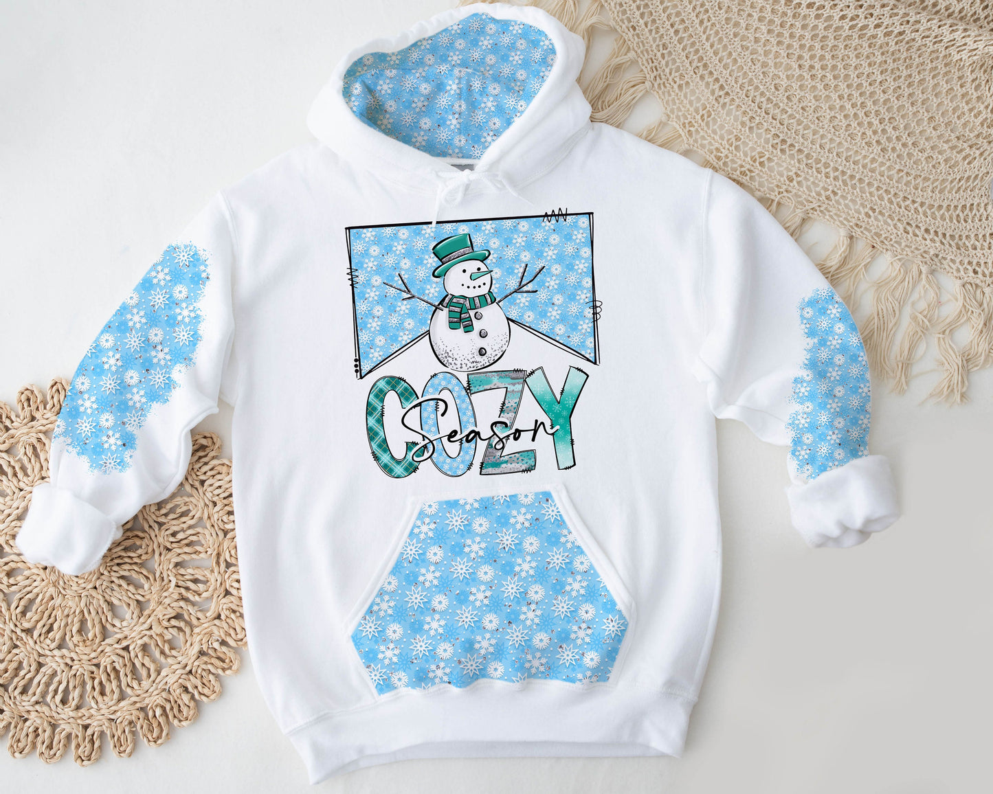 Cozy Season with matching Pattern and Patches, Christmas Holidays Sublimation, Snowman Snowflake Winter Design PNG - MOCKUP INCLUDED!